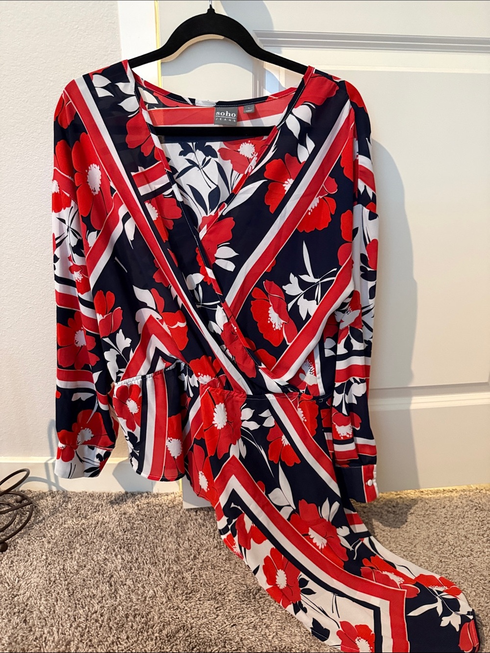 Soho Red and Navy Floral Faux-Wrap Blouse